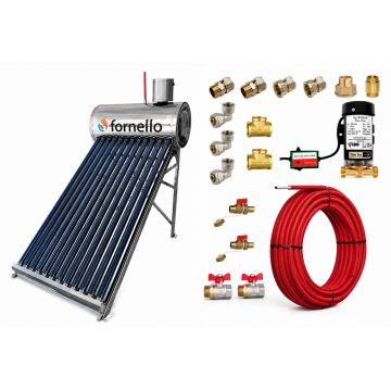 Pachet panou solar nepresurizat Fornello pentru producere apa calda, cu rezervor inox 100 litri, 12 tuburi vidate, vas flotor 5 litri, pompa ridicare presiune, teava hidronix si fitinguri montaj