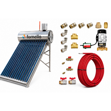 Pachet panou solar nepresurizat Fornello pentru producere apa calda, cu rezervor inox 122 litri, 15 tuburi vidate, vas flotor 5 litri, pompa ridicare presiune, teava hidronix si fitinguri montaj