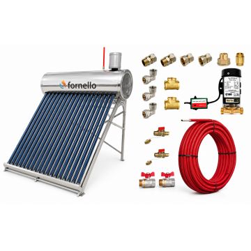 Pachet panou solar nepresurizat Fornello pentru producere apa calda, cu rezervor inox 150 litri, 18 tuburi vidate, vas flotor 5 litri, pompa ridicare presiune, teava hidronix si fitinguri montaj