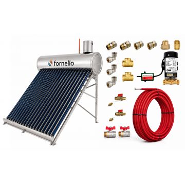 Pachet panou solar nepresurizat Fornello pentru producere apa calda, cu rezervor inox 165 litri, 20 tuburi vidate, vas flotor 5 litri, pompa ridicare presiune, teava hidronix si fitinguri montaj