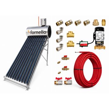 Pachet panou solar nepresurizat Fornello pentru producere apa calda, cu rezervor inox 82 litri, 10 tuburi vidate, vas flotor 5 litri, pompa ridicare presiune, teava hidronix si fitinguri montaj