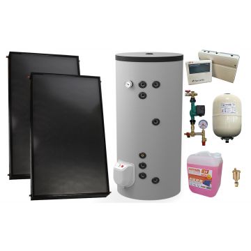 Pachet sistem solar presurizat, 2 x Panou solar plan Fornello 2.0 m² SPFP, Boiler cu 2 serpentine si rezistenta electrica  Eldom FV20060S21 de 200 l, grup pompare, controller, vas expansiune, antigel, aerisitor 1