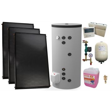 Pachet sistem solar presurizat, 3 x Panou solar plan Fornello 2.0 m² SPFP, Boiler cu 2 serpentine si rezistenta electrica  Eldom FV30067S21, 9000 W, 300 l, grup pompare, controller, vas expansiune, antigel, aerisitor 1/2