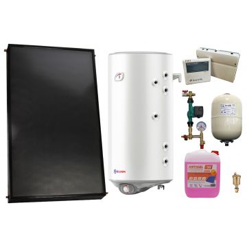 Pachet sistem solar presurizat, Panou solar plan Fornello 2.0 m² SPFP, Boiler cu 2 serpentine si rezistenta electrica Eldom WV10046S21R 100 l, grup pompare, controller, vas expansiune, antigel, aerisitor 1/2
