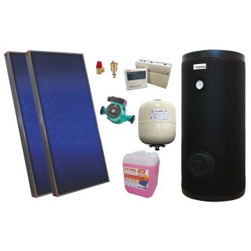 Pachet solar, presurizat, 2x panou plan Sunsystem PК SL FP 2.4, Boiler cu 2 serpentine de sol Fornello 300 litri, controller, vas expansiune solar, pompa, supapa, aerisitor, antigel