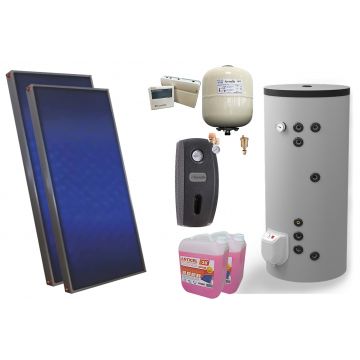 Pachet solar, presurizat, 2x panou plan Sunsystem PК SL FP 2.4, Boiler cu 2 serpentine Eldom FV20060S21, 3000 W, 200 l, controller, vas expansiune solar, pompa, supapa, aerisitor, antigel