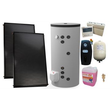 PPachet premium sistem solar presurizat, 2 x Panou solar plan Fornello 2.0 m² SPFP, Boiler cu 2 serpentine si rezistenta electrica  Eldom FV20060S21 de 200 l, grup pompare, controller, vas expansiune, antigel, aerisitor 1/2