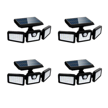 Set 4 lampi solare triple FOXMAG24, pentru exterior, cu senzor de miscare, rezistente la apa, 74 LED-uri, 2400 mAh, negru