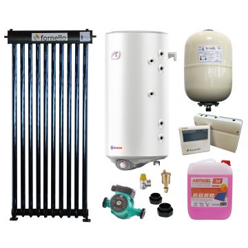 Sistem solar presurizat, panou Fornello 10 Tuburi Heat Pipe, boiler cu 2 serpentine si rezistenta electrica Eldom 100 litri, pompa 25-60, controller, vas expansiune, antigel, supapa 1/2, aerisitor 1/2