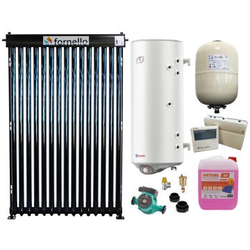 Sistem solar presurizat, panou Fornello 15 Tuburi Heat Pipe, boiler cu 2 serpentine si rezistenta electrica Eldom 120 litri, pompa 25-60, controller, vas expansiune, antigel, supapa 1/2, aerisitor 1/2