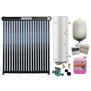 Sistem solar presurizat, panou Fornello 20 Tuburi Heat Pipe, boiler cu 2 serpentine si rezistenta electrica Eldom 150 litri, pompa 25-60, controller, vas expansiune, antigel, supapa 1/2, aerisitor 1/2