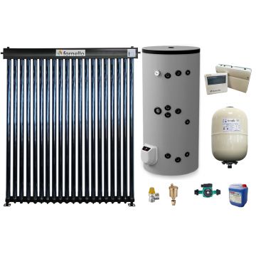 Sistem solar presurizat, panou Fornello 20 Tuburi Heat Pipe, boiler cu 2 serpentine si rezistenta electrica Eldom 200 litri cu montaj pe sol, pompa 25-60, controller, vas expansiune, antigel, supapa 1/2, aerisitor 1/2