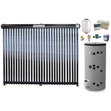 Sistem solar presurizat, panou Fornello 30 Tuburi Heat Pipe, boiler cu 2 serpentine si rezistenta electrica Eldom 300 litri cu montaj pe sol, pompa 25-60, controller, vas expansiune, antigel, supapa 1/2, aerisitor 1/2