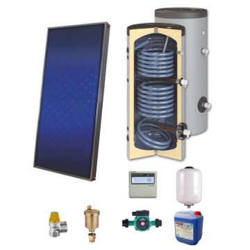 Sistem solar presurizat, panou solar plan Sunsystem Select PK SL CL NL 1.66 m², boiler cu 2 serpentine Sunsystem SON 200 litri, pompa 25-60, controller, vas expansiune, antigel, supapa 1/2, aerisitor 1/2