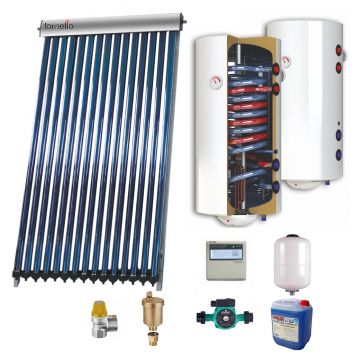 Sistem solar presurizat , panou Sunsystem VTC 20,  boiler cu 2 serpentine si rezistenta electrica Sunsystem 150 litri, pompa 25-60, controller, vas expansiune, antigel, supapa 1/2, aerisitor 1/2