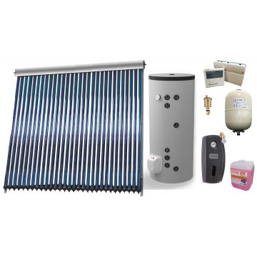 Sistem solar presurizat , panou Sunsystem VTC 30 tuburi, Boiler cu 2 serpentine Eldom FV20060S21, 3000 W, 200 l, controller, vas expansiune, grup pompare, aerisitor 1/2, antigel