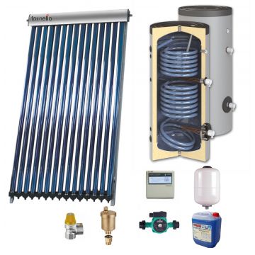 Sistem solar presurizat , panou Sunsystem VTC 30 tuburi, boiler cu 2 serpentine Sunsystem SON 200 litri, pompa 25-60, controller, vas expansiune, antigel, supapa 1/2, aerisitor 1/2