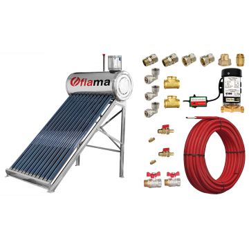 Pachet panou solar nepresurizat FIAMA pentru producere apa calda, cu rezervor inox, 120 litri, 12 tuburi vidate, vas flotor 5 litri, pompa ridicare presiune, teava hidronix si fitinguri montaj