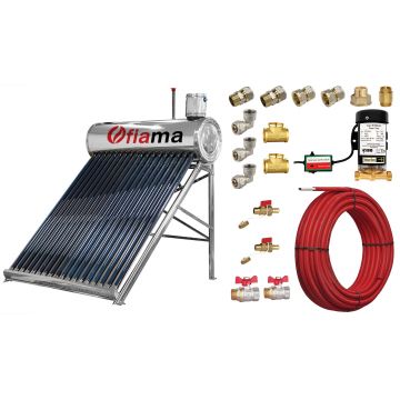 Pachet panou solar nepresurizat FIAMA pentru producere apa calda, cu rezervor inox, 180 litri, 18 tuburi vidate, vas flotor 5 litri, pompa ridicare presiune, teava hidronix si fitinguri montaj
