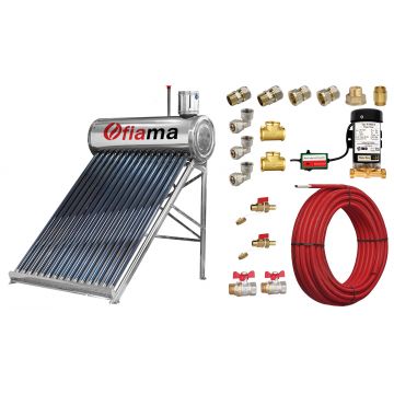 Pachet panou solar nepresurizat Fornello pentru producere apa calda, cu rezervor inox, 150 litri, 15 tuburi vidate, vas flotor 5 litri, pompa ridicare presiune, teava hidronix si fitinguri montaj