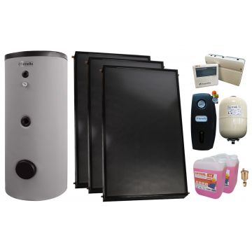 Pachet sistem solar presurizat, 3 x Panou solar plan Fornello 2.0 m² SPFP, Boiler de SOL cu 2 serpentine Fornello Optima EV 300 LT 2S, Grup pompare, Controller, Vas expansiune, Antigel, Aerisitor