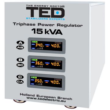 Stabilizator Tensiune Trifazat Servomotor 15KVA, Putere 15000VA, Protectie Supratensiune, Subtensiune, Supraincalzire, Supraincarcare, Precizie ±3%
