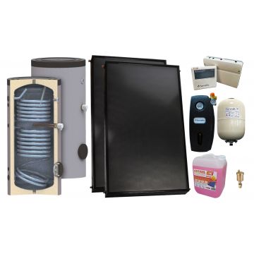 Pachet premium sistem solar presurizat, 2 x Panou solar plan Fornello 2.0 m² SPFP, Boiler cu 2 serpentine SON 150 l, grup pompare, controller, vas expansiune, antigel, aerisitor 1/2
