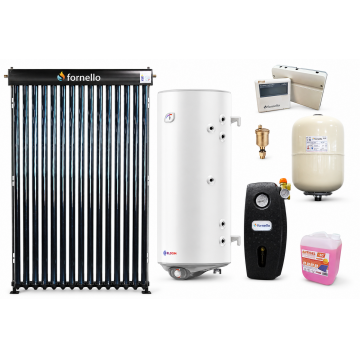 Pachet premium sistem solar presurizat, panou Fornello 15 Tuburi Heat Pipe, Boiler cu 2 serpentine Eldom GREEN LINE 120 litri, controller, vas expansiune, grup pompare, aerisitor, antigel
