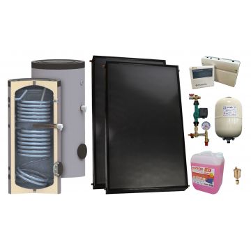 Pachet sistem solar presurizat, 2 x Panou solar plan Fornello 2.0 m² SPFP,  Boiler cu 2 serpentine SON 150 l, grup pompare, controller, vas expansiune, antigel, aerisitor 1/2, supapa 1/2