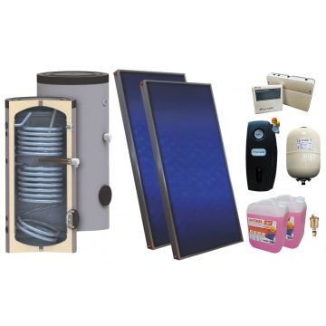 Pachet sistem solar presurizat, 2 x Panou Sunsystem PК SL FP 2.0, Boiler cu 2 serpentine SON 150 l, Controller, Vas expansiune, Grup pompare, Aerisitor, Antigel